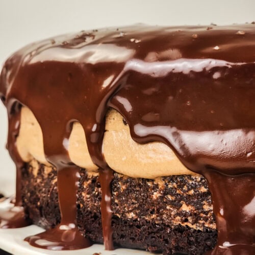 A close-up of a chocolate cake with a thick layer of chocolate ganache dripping down the sides, sitting on a white plate.