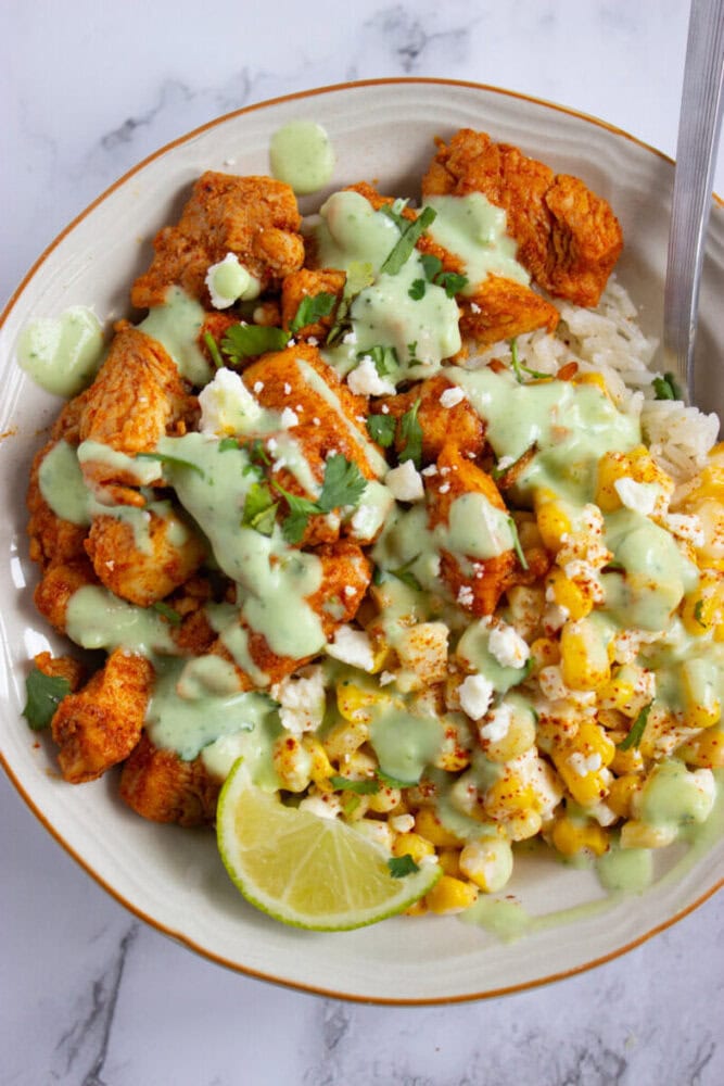 Street Corn Chicken Bowl With Creamy Avocado Lime Cilantro Sauce Street Corn Chicken Bowl With Creamy Avocado Lime Cilantro Sauce
