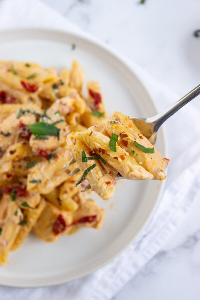 A fork holds a serving of creamy rigatoni pasta with herbs and sun-dried tomatoes above a plate of the same dish.