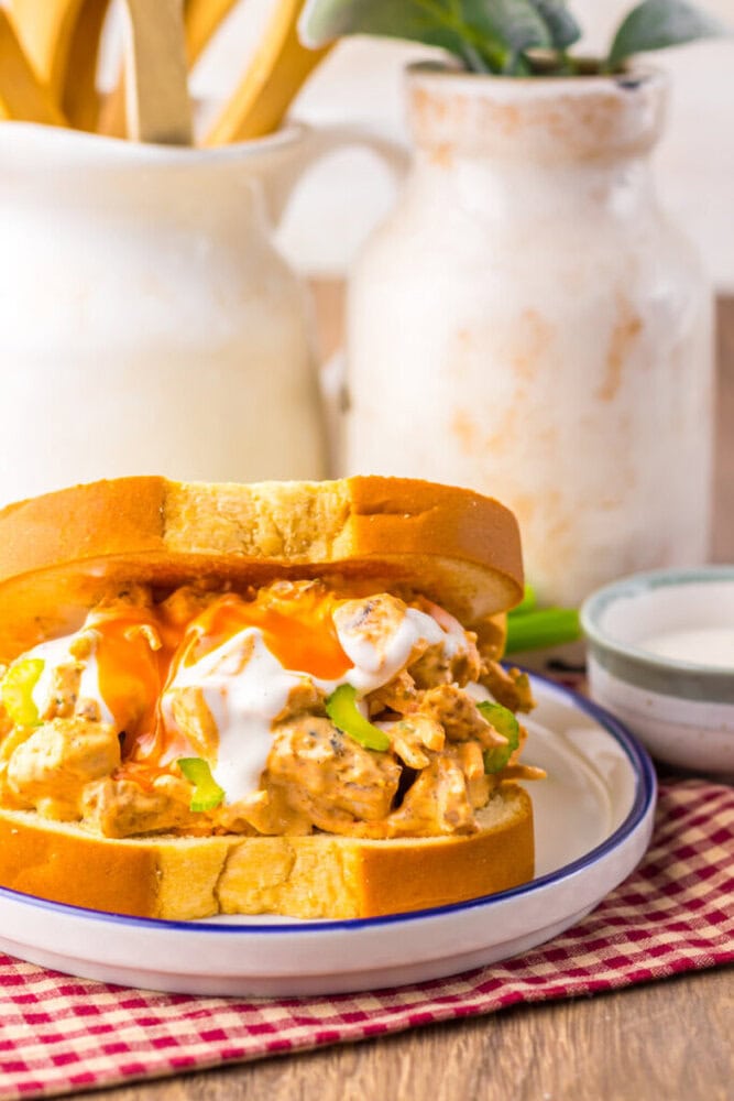 A chicken sandwich with sauce and vegetables on toasted bread sits on a plate, with a dipping sauce and ceramic pitchers in the background.