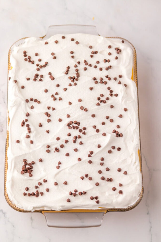 Rectangular glass dish filled with a dessert topped with whipped cream and scattered chocolate chips on a marble surface.