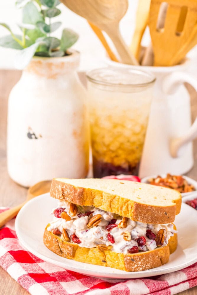 A chicken salad sandwich with pecans and cranberries on a white plate, set on a red and white cloth, with a glass of iced drink and kitchen utensils in the background.