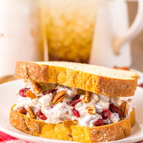 A chicken salad sandwich with cranberries and pecans on white bread sits on a white plate atop a red and white checkered napkin.