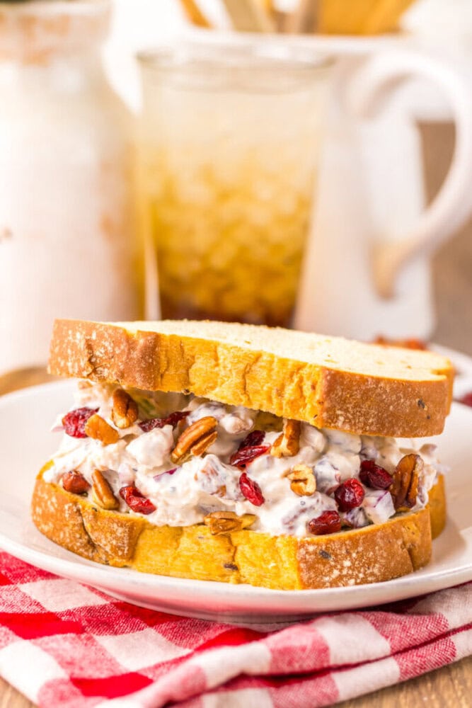 A chicken salad sandwich with cranberries and pecans on white bread sits on a white plate atop a red and white checkered napkin.