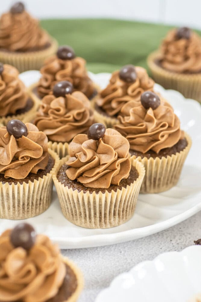 Chocolate cupcakes with swirled chocolate frosting and a round chocolate candy on top, arranged on a white plate.