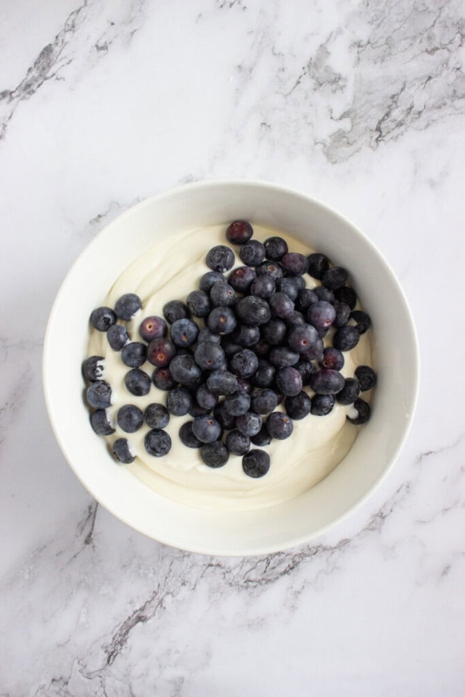 A white bowl filled with plain yogurt topped with fresh blueberries, placed on a marble surface.