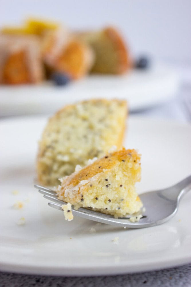 A fork holds a bite of poppy seed cake on a white plate, with more cake and blueberries blurred in the background.