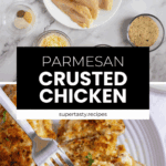 Raw chicken and ingredients above; below, Parmesan Crusted Chicken pieces are cooked to golden perfection on a plate with a fork.