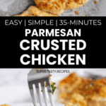 Golden and crispy Parmesan Crusted Chicken breasts are topped with creamy sauce and served with a fork for a delicious, comforting meal.
