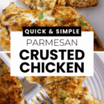 Golden Parmesan Crusted Chicken breasts, sliced and served on a white plate, garnished with fresh herbs for a delicious touch.