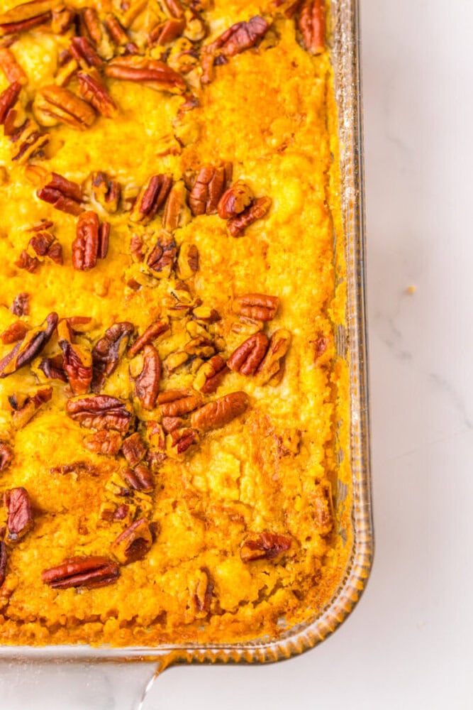 A close-up of a baked casserole topped with pecans in a rectangular glass dish on a white surface.