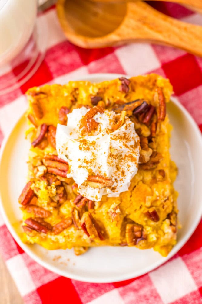 A slice of pumpkin dessert topped with whipped cream, chopped pecans, and cinnamon on a white plate with a red and white checkered tablecloth underneath.