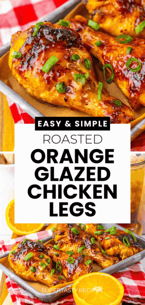 Baked chicken legs glazed with orange sauce, garnished with chopped green onions, served in a rectangular metal dish on a red checkered cloth.