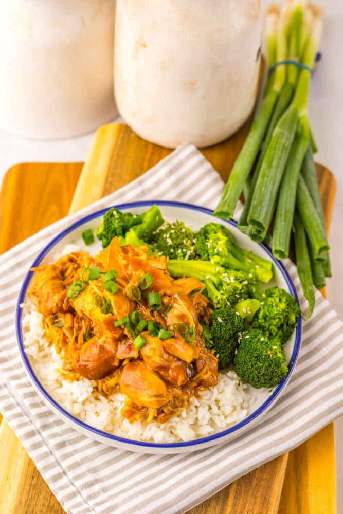 A plate of white rice topped with shredded chicken in sauce, steamed broccoli, and chopped green onions, placed on a striped cloth with fresh green onions beside it.