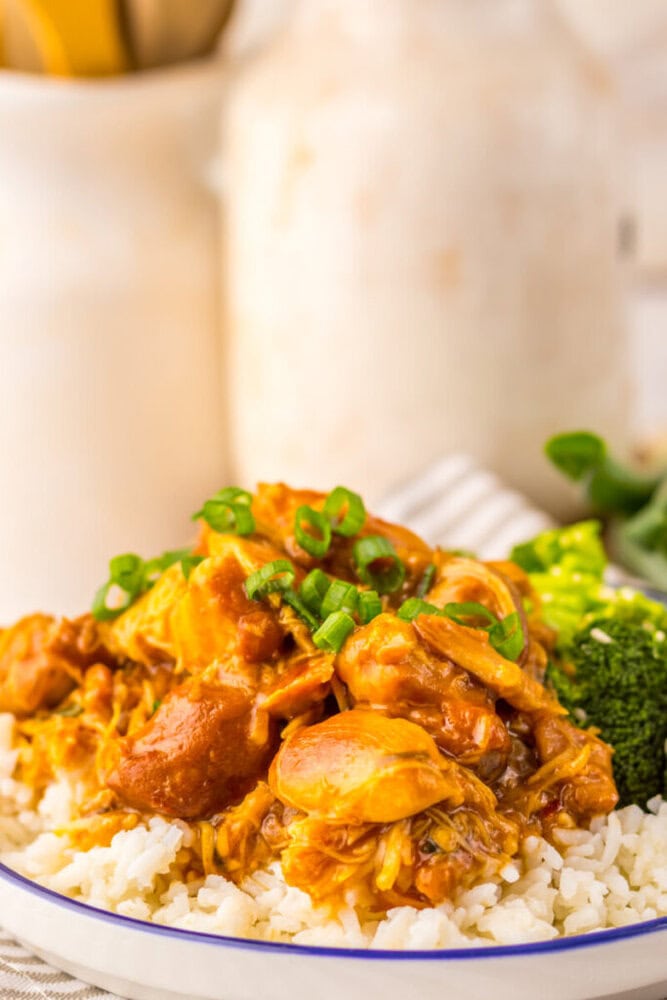 A plate of white rice topped with saucy shredded chicken, chopped green onions, and a side of steamed broccoli.