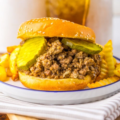 A sloppy joe sandwich with pickle slices on a sesame bun, served with crinkle-cut fries on a white plate.
