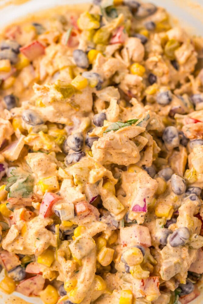 Close-up of a creamy salad mixture with shredded chicken, black beans, corn, diced red onions, and red bell peppers.
