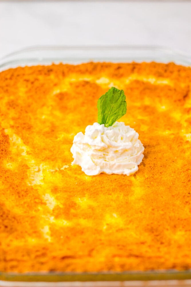A rectangular dessert with a golden crumb topping, topped with a dollop of whipped cream and a fresh mint leaf in the center.