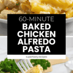 Creamy Chicken Alfredo Pasta baked to perfection, served in a bowl and topped with fresh herbs, with a forkful being lifted for the perfect bite.