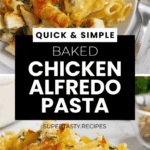 Plates of baked pasta and creamy chicken Alfredo pasta garnished with herbs, shown above a recipe title graphic.