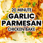 Two golden Garlic Parmesan Chicken breasts atop creamy mashed potatoes, garnished with parsley on a white plate.