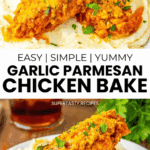 Garlic Parmesan Chicken Bake served on creamy mashed potatoes, garnished with fresh parsley on a white plate.