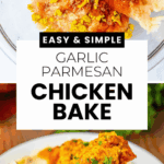 Raw chicken topped with seasonings, then baked and garnished with herbs in a delicious Garlic Parmesan Chicken Bake dish.
