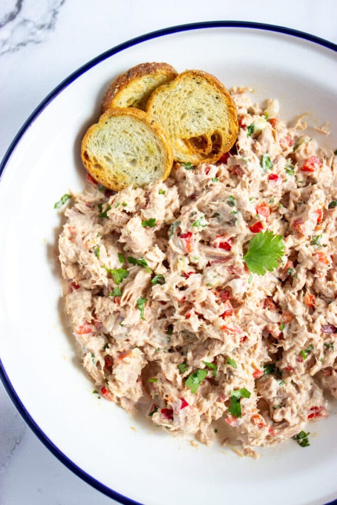 A white plate with tuna salad mixed with chopped vegetables and herbs, garnished with a cilantro leaf, served with two slices of toasted bread.