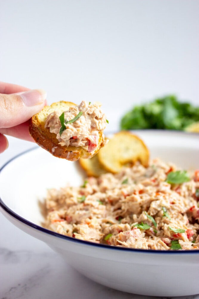 A hand holds a toasted bread slice topped with tuna salad above a bowl filled with more tuna salad, garnished with herbs.