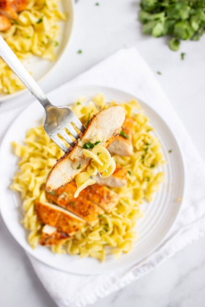 A fork holds a bite of sliced grilled chicken and egg noodles above a plate with more chicken and noodles on a white surface.