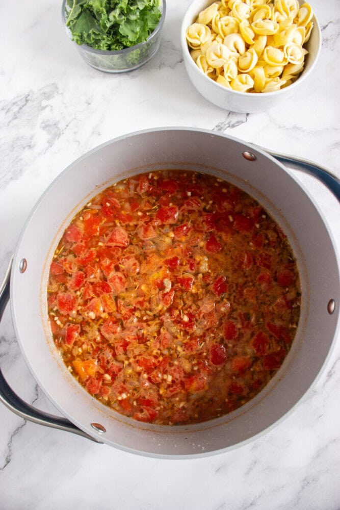 A pot of tomato-based soup with visible vegetables sits on a marble surface. Nearby are bowls of uncooked tortellini and chopped greens.