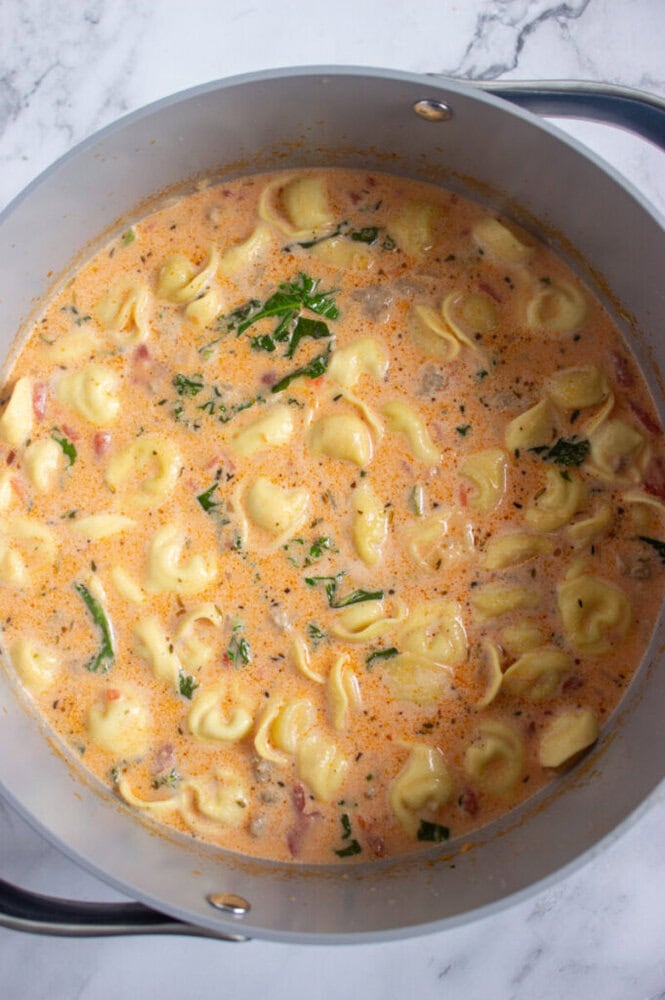 A pot filled with creamy tomato-based tortellini soup, with pieces of spinach and herbs visible in the broth.