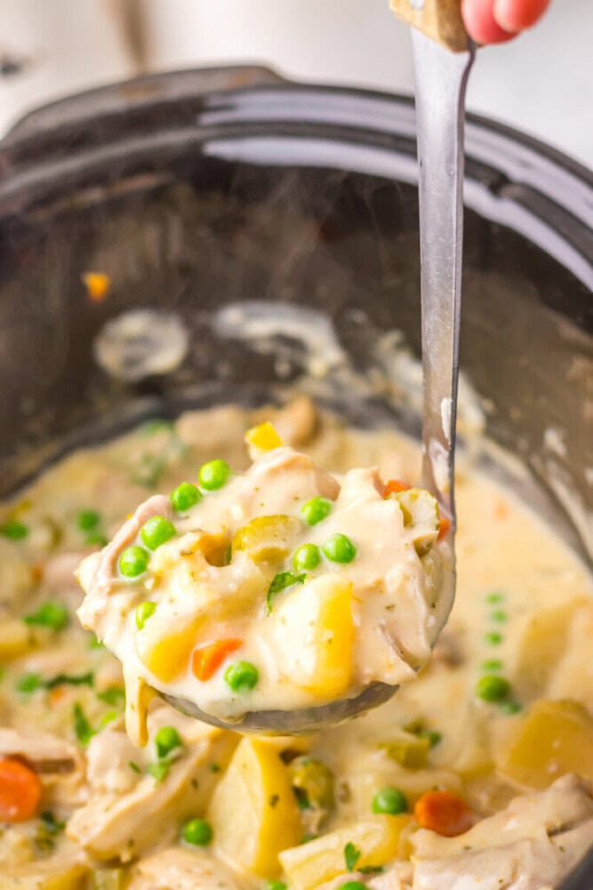 A ladle filled with creamy chicken stew containing peas, carrots, potatoes, and celery is held above a slow cooker.