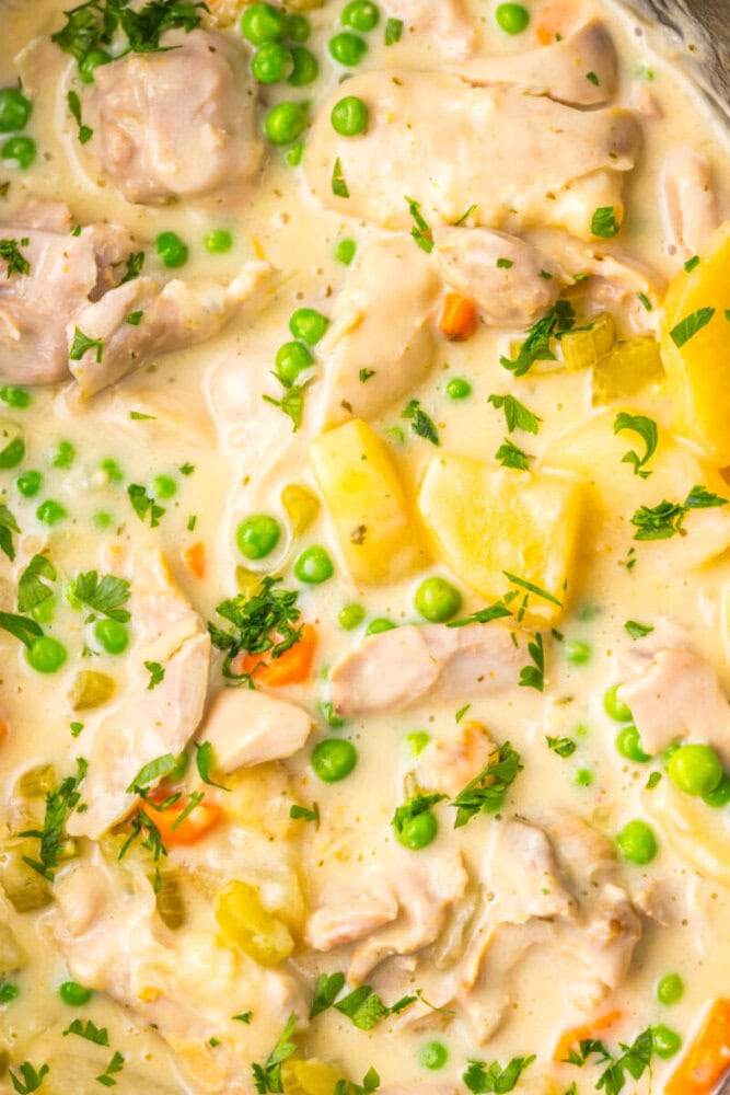 Close-up of a creamy chicken stew with peas, potatoes, carrots, and chopped parsley.