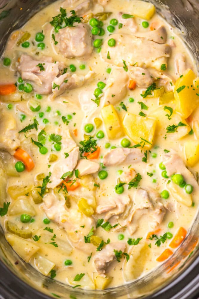A creamy chicken stew with chunks of chicken, potatoes, carrots, peas, and fresh parsley in a thick sauce.