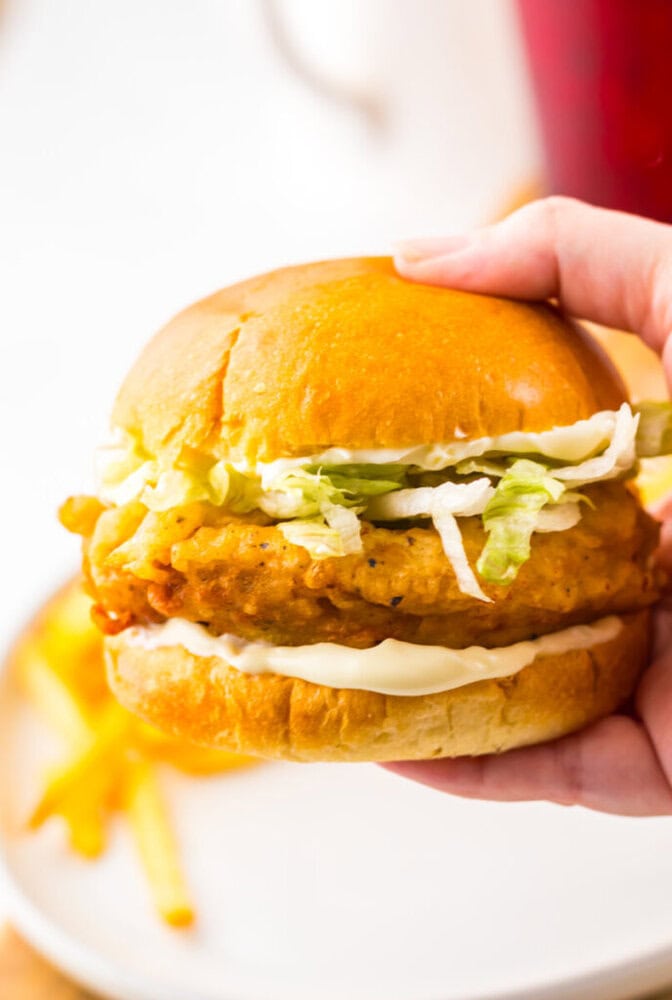 A hand holds a chicken sandwich with shredded lettuce and mayonnaise in a bun. French fries are visible on a plate in the background.