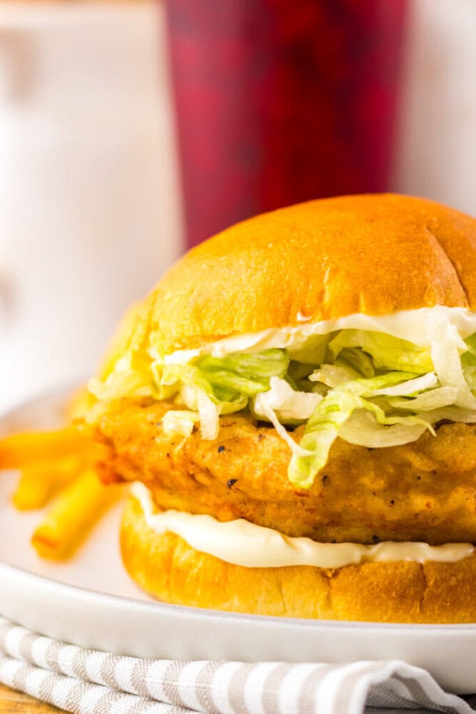 A chicken sandwich with lettuce and mayonnaise on a bun, served with French fries on a white plate.