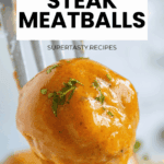 A fork holds a saucy Salisbury Steak meatball garnished with herbs; text reads "Easy Crockpot Salisbury Steak Meatballs.