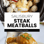 Salisbury Steak Meatballs simmer in a Crockpot with savory sauces and spices, shown in a close-up of juicy meatballs covered in rich brown gravy.