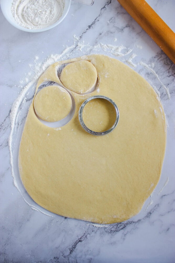 Rolled out dough on a floured surface with three circles cut out and a metal round cutter resting on the dough; flour and a rolling pin nearby.