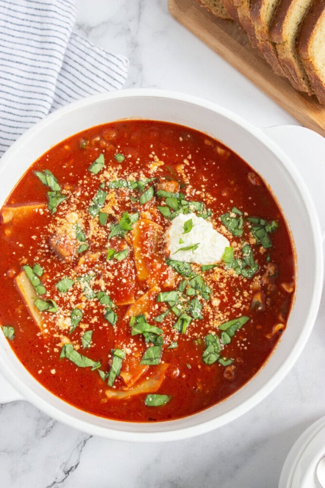 Rustic Lasagna Soup with Ricotta Topping