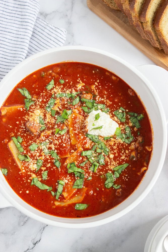 Rustic Lasagna Soup with Ricotta Topping