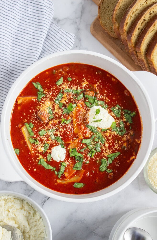 Rustic Lasagna Soup with Ricotta Topping