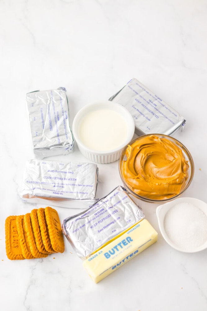 Blocks of cream cheese, a dish of cream, a bowl of peanut butter, cookies, a stick of butter, and a small bowl of sugar arranged on a white surface.