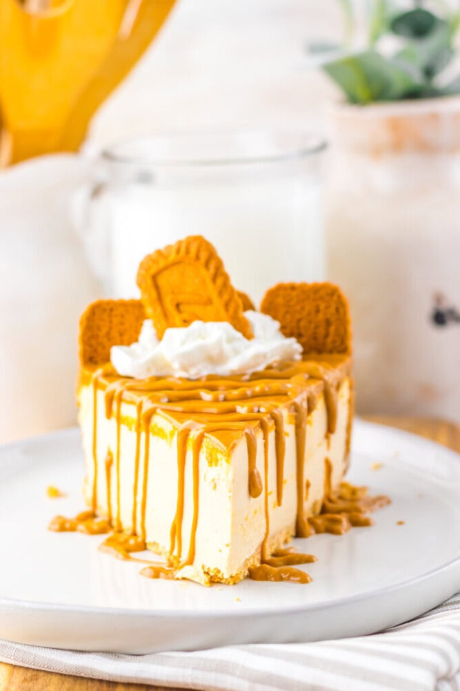 A slice of cheesecake topped with whipped cream, caramel drizzle, and three rectangular cookies on a white plate, with a glass of milk in the background.