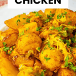 A plate of Sheet Pan Mississippi Chicken and Potatoes garnished with parsley, with text reading "Easy Sheet Pan Mississippi Chicken.