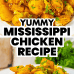 Two plates of Mississippi chicken and potatoes, garnished with parsley and cheese, are served on a table&mdash;perfect for fans of easy sheet pan dinners.