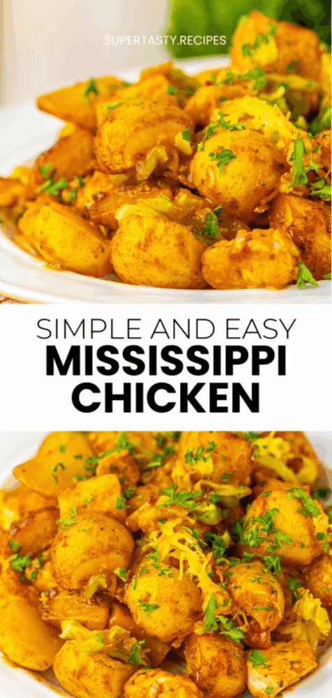 Plate of Mississippi chicken with potatoes, garnished with parsley and shredded cheese, shown in close-up on a white dish.