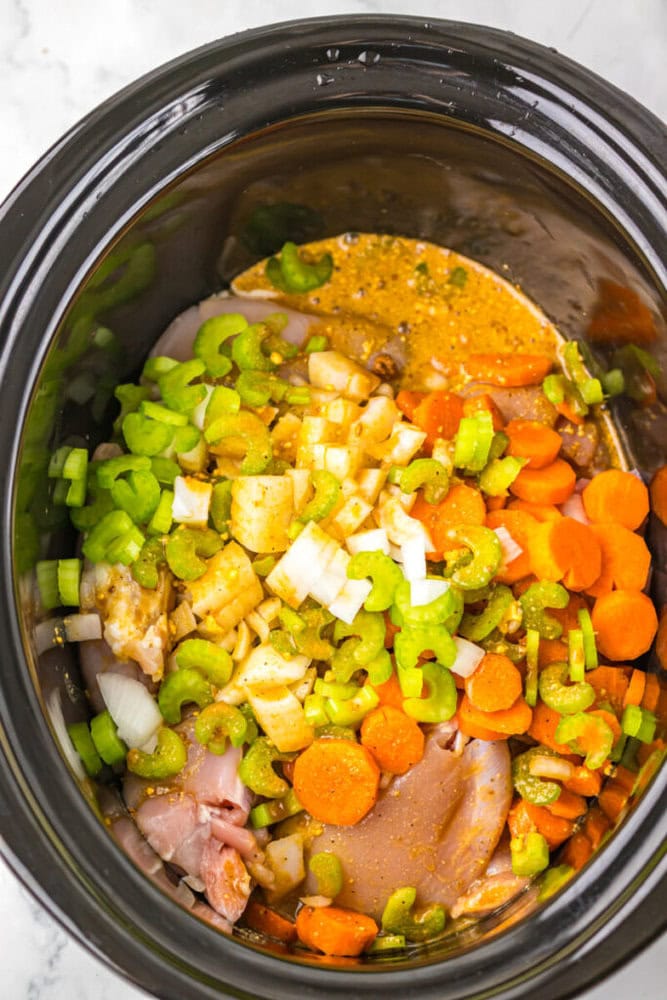 Raw chicken, sliced carrots, celery, and chopped onions with broth and seasonings in a slow cooker, ready to be cooked.