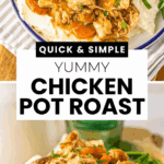 Plate of Chicken Pot Roast with carrots, gravy, mashed potatoes, and green beans, served on a striped napkin&mdash;a comforting meal perfect for the slow cooker.